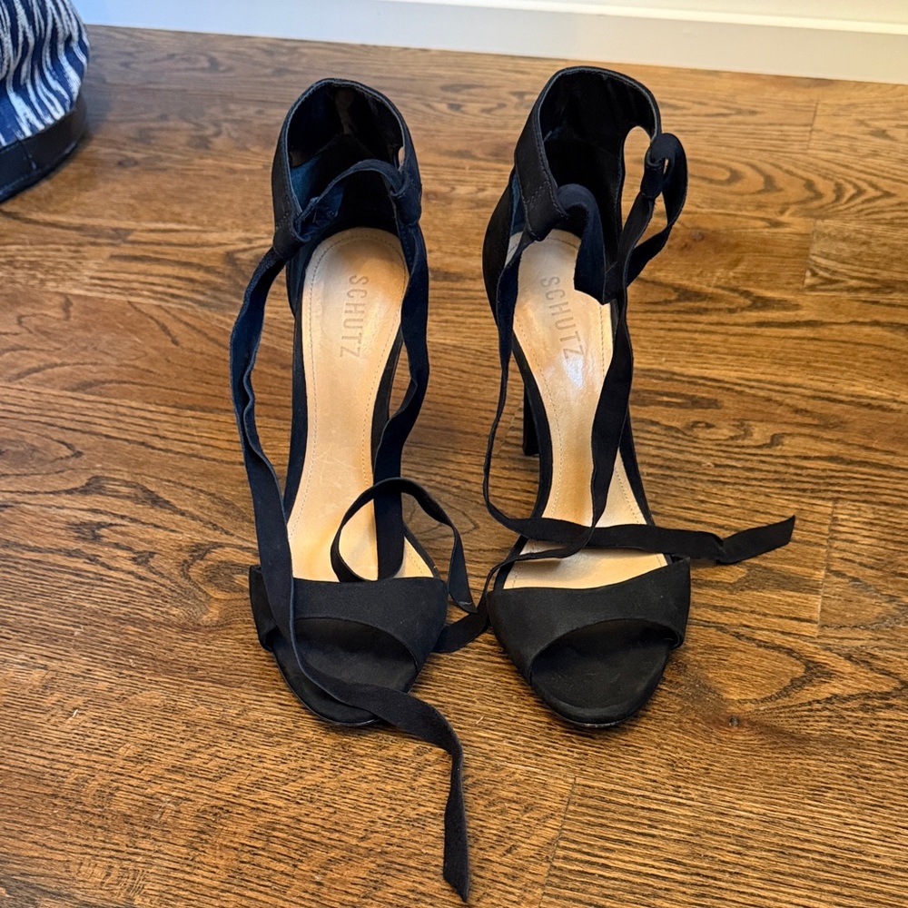 SCHUTZ Black Suede Lace-Up Stiletto Sandals